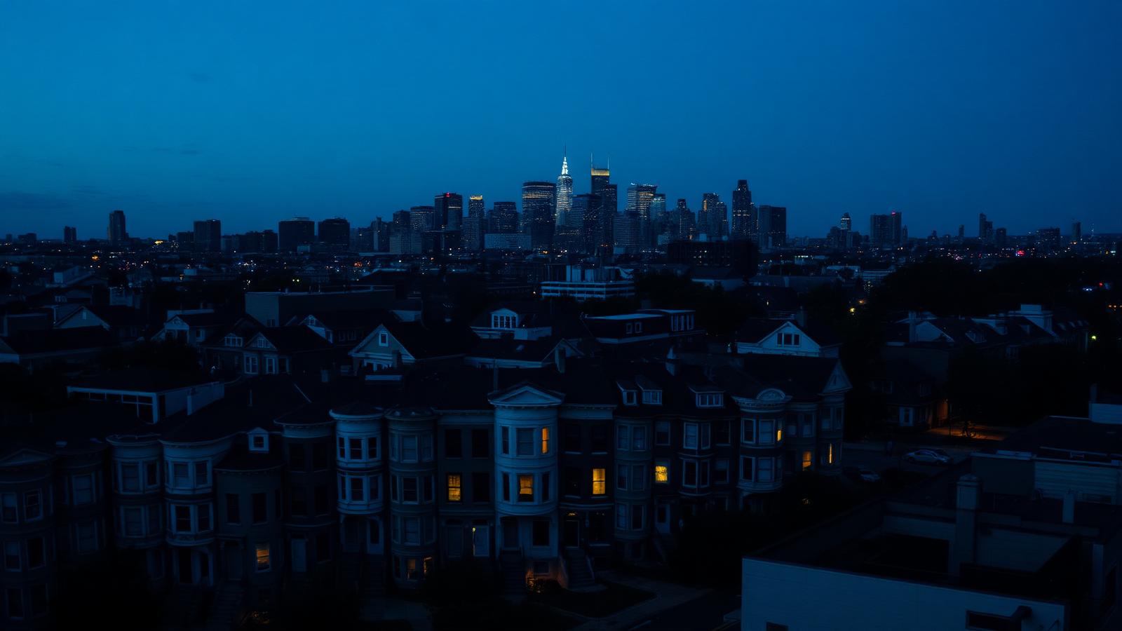Philadelphia skyline at dusk over residential rowhouses