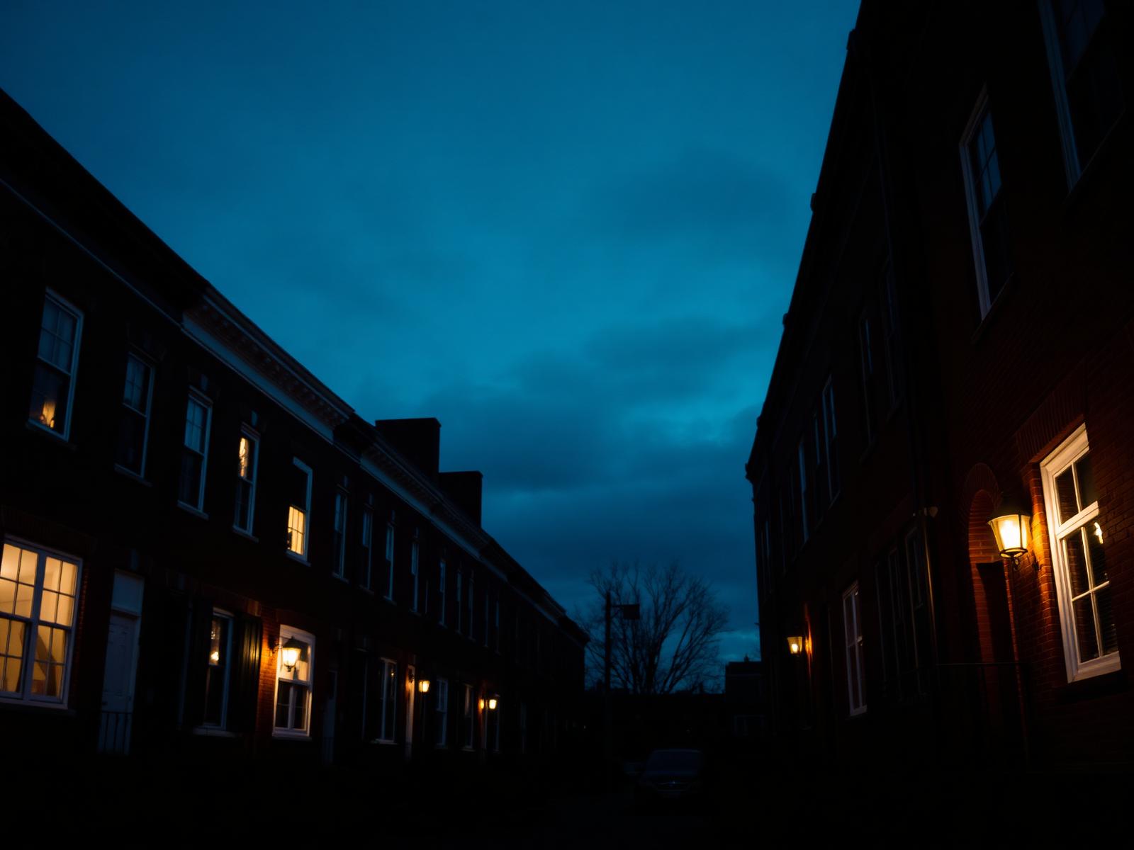 Philadelphia rowhouses at twilight with warm window lights